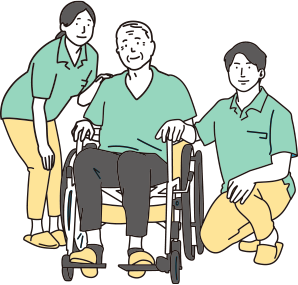 車いすのおじいさんと介護福祉士とケアマネ